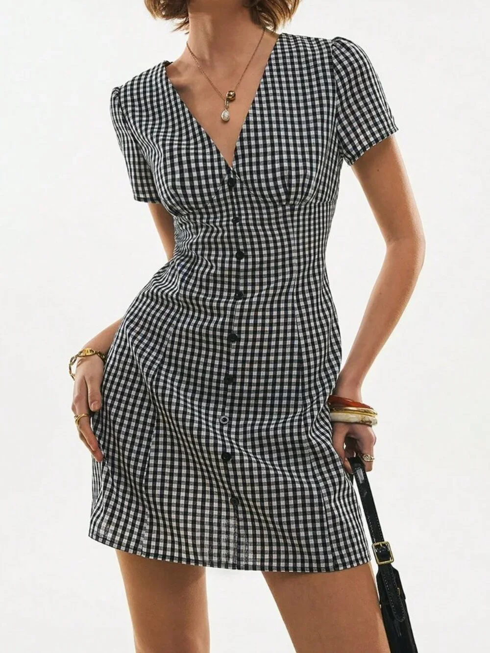 Black Casual Women's Plaid Button-Front V-Neck Mini Dress